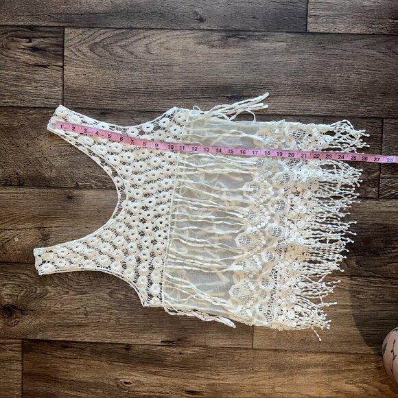 White Crystal K Boho Crochet Mesh Sheer Fringe Top y2k - Picture 6 of 7